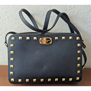 Michael Kors Large Wristlet Saffiano Stud Black Leather Clutch Gold Zipper Purse